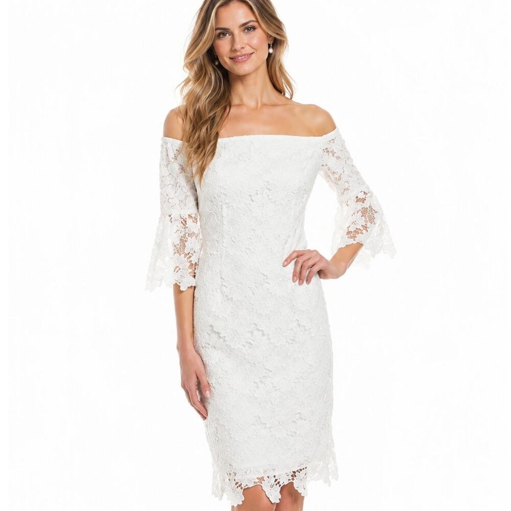 Vince Camuto Floral Lace Off Shoulder Dress Womens Size 6 White Bell Sleeve Mini